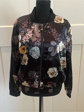 V Christina Women's Black Floral Satiny Bomber Jacket Lightweight Fall Feminine